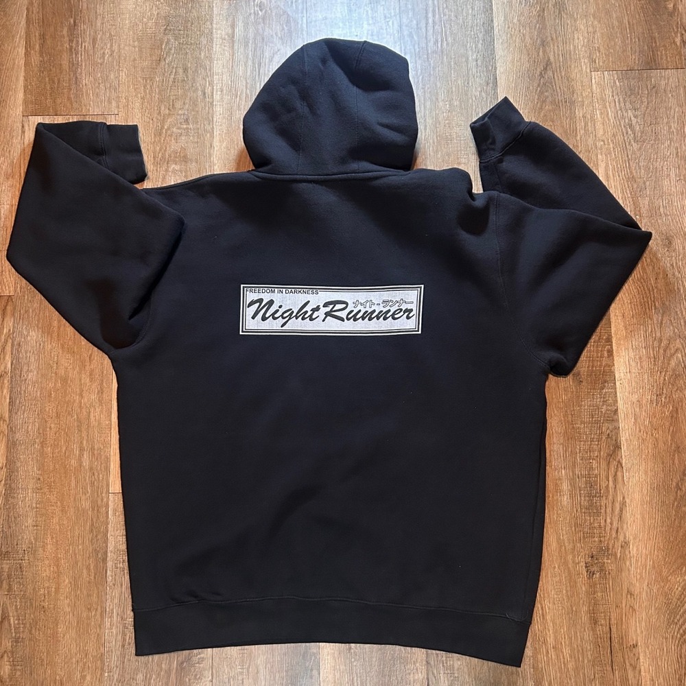 Night Runner Freedom in Darkness JDM Streetwear Heavyweight Black Hoodie Mens XL